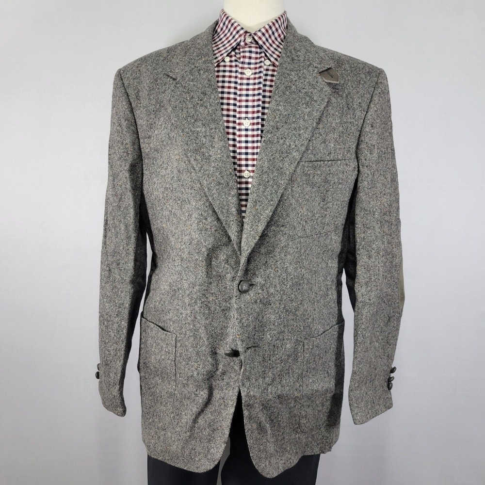 Stafford Men's Tweed Sport Coat‎ Blazer Two Button Gray Wool Elbow Patches 44L